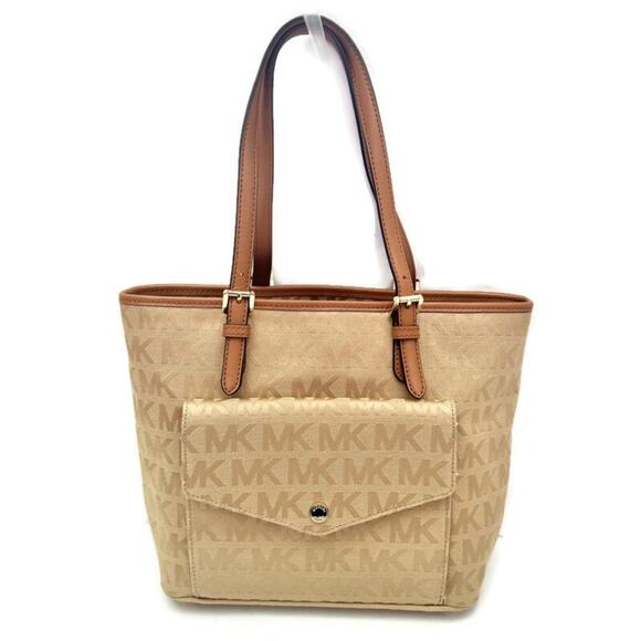 Michael Kors Tan Canvas Monogram Signature Shoulder Bag Tote Purse - Picture 1 of 10